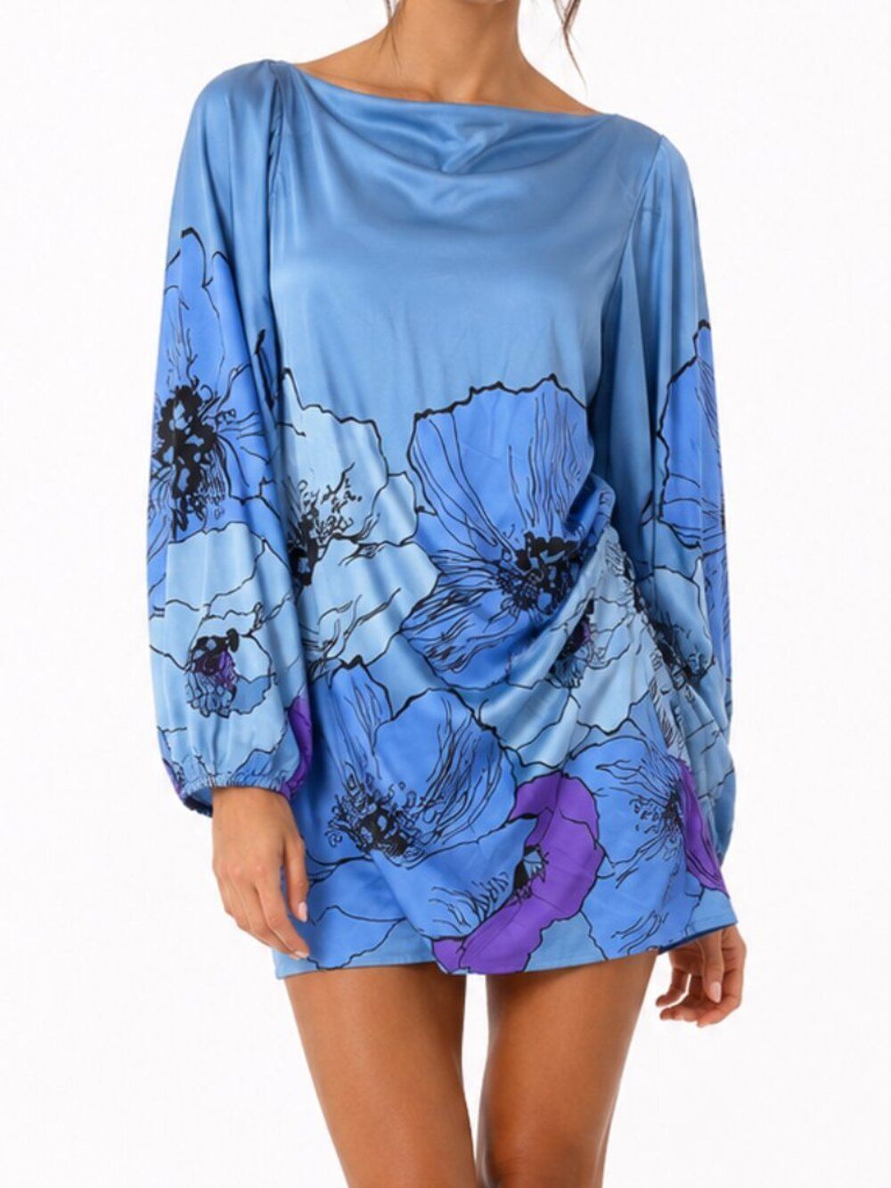 Susan Moncao NWT 100% Silk Floral Print Dress Size 10 Blue Purple Designer